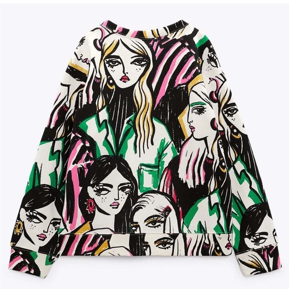 ZARA Bold Print Graphic Green Black Pink Crewneck Sweater - Picture 1 of 7